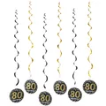 Detailed view of 6-piece black and gold 80th birthday PVC spiral hanging swirl decorations - 80th Birthday Theme Spiral