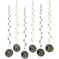 Set of 6 gold and black 70th birthday ceiling swirls with Happy Birthday pendants - 70th Birthday Theme Spiral