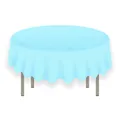 Detail view of light blue PEVA round tablecloth on metal table legs with white background - Blue