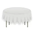 Detail of white 84-inch round PEVA tablecloth featuring smooth drape and natural folds - White