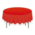 Solid red 84 inch round PEVA tablecloth featuring elegant draped edges on a white background - Red