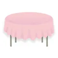 Detail of light pink PEVA round tablecloth showing natural drape and smooth texture - Pink