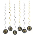 Detail of black and gold 21st birthday hanging swirls with Happy Birthday cards - 21st Birthday Theme Spiral