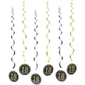 Close-up of black and gold 18th birthday ceiling swirls with Happy Birthday round cards - 18th Birthday Theme Spiral