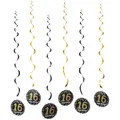 Close-up of 6-piece black and gold 16th birthday party hanging swirl decorations - 16th Birthday Theme Spiral