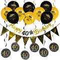 Elegant black and gold 40th birthday party decoration set with balloons and banners - 40th Birthday Spiral Decor (Black Gold)