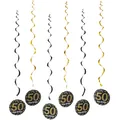 Set of six gold and black 50th birthday spiral hanging swirls with Happy Birthday cards - 50th Birthday Theme Spiral