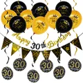 Elegant 30th Birthday decoration set with black and gold balloons and banners - 30th Birthday Spiral Decor (Black Gold)