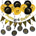 Dettagli del set decorazioni per 16esimo compleanno oro e nero con palloncini e banner - Decorazione Spirale 16 Compleanno (Nero Oro)