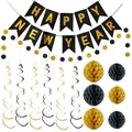 Kit déco fête Nouvel An 2025 avec bannières noir et or, spirales et boules alvéolées - Style de Nouvel An Noir 3