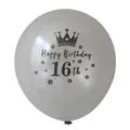 Detail of silver 16th birthday latex balloon with black text and crown icon - 16th Birthday (Silver Ball Black 16th) / Silver