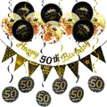 Close-up of black and gold 50th birthday party decorations with balloons and banner - 50th Birthday Sequin Balloon Decor (Black Gold)