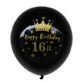 Detail van zwarte ballon voor 16e verjaardag met gouden kroon en tekstprint - 16e Verjaardag (Zwarte Bal Goud 16th)