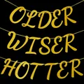 Golden glitter Older Wiser Hotter banner for party decoration on black background - Gold