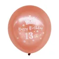 Detail van rosé goud latex ballon met kroon en Happy Birthday 13th opdruk voor feest - 13e Verjaardag (Roségouden Bal Wit 13th)