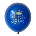 Close-up of a 21st birthday navy blue latex balloon with golden crown and stars - 21st Birthday Style / Night Blue