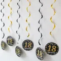 Black and gold 18th birthday party hanging swirls with Happy Birthday cards - 18th Birthday Style