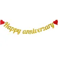Golden glitter Happy Anniversary banner with red hearts for wedding party decoration - Glitter Style (With 2 Red Hearts) / Gold