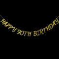 Close-up of gold glitter Happy 90th Birthday banner with shimmering texture on black background - Happy 90th Birthday (Gold) / Gold