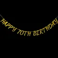 Close-up of glittery gold Happy 70th Birthday banner for party wall decorations - Happy 70th Birthday (Gold) / Gold
