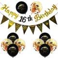 Black and gold 16th birthday party decoration set with glitter banner and printed balloons - 16th Birthday Gold Glitter Set