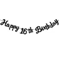 Μαύρο γκλίτερ πανό Happy 16th Birthday για διακόσμηση πάρτι σε κομψή καλλιγραφική γραφή - Μαύρο πανό για 16α γενέθλια
