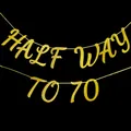 Macro view of gold glitter Half Way to 70 banner with sparkling texture for 35th birthday - Half way to 70 / Gold