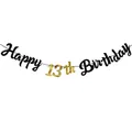 Pancarta Happy 13th Birthday en negro y dorado con letras brillantes para decoración - 13º Cumpleaños / Oro Negro