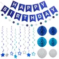 Blue and white birthday party decoration set with banner, star spirals and paper honeycombs - Blue Disc Spiral Set