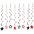 Red and black spiral party streamers with glittery star pendants on white background - Pentagram Pendant Black Red