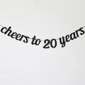 Black glitter paper banner with cheers to 20 years cursive text for birthday parties - 20 Years Style / Black