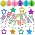 Colorful rainbow Happy Birthday banner set with honeycomb balls and star streamers - Macaron Spiral Set