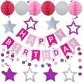 Pink and purple birthday decoration set with honeycomb balls, star banners and swirl decor - Deep And Light Pink Spiral Set