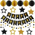 Black and gold Happy Birthday decoration kit with star banners and honeycomb balls - Black Fishtail Disc Spiral Set