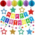 Rainbow Happy Birthday banner set with colorful honeycomb balls and star swirls - Multicolor Spiral Set