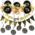 Black and gold 13th birthday decoration set with latex balloons and glitter banners - 13th Birthday Sequin Balloon Decor (Black Gold)