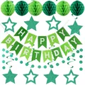 Green birthday decoration set with Happy Birthday banner and honeycomb paper balls - Green Spiral Set