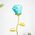 Artistic crystal rose with teal resin petals and golden metal stem for home decor - Aquamarine
