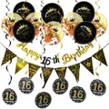 Elegant black and gold 16th birthday party decoration set with balloons and banners - 16th Birthday Sequin Balloon Decor (Black Gold)