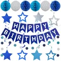 Blue and silver birthday party decoration set with honeycomb balls and star banners - Royal Blue Spiral Set
