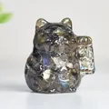 Lucky cat figurine made of resin and labradorite crystal with blue-green flashes - Labradorite