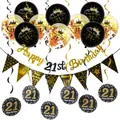 21st birthday party decoration set with black gold balloons and Happy Birthday banners - 21st Birthday Sequin Balloon Decor (Black Gold)
