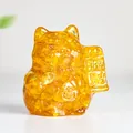 Amber yellow resin lucky cat figurine with natural crystal stone and fortune engravings - Citrine
