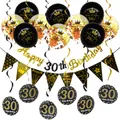 30th Birthday decoration set featuring black and gold balloons with festive banners - 30th Birthday Sequin Balloon Decor (Black Gold)