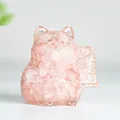 Pink natural crystal resin lucky cat figurine with traditional money-beckoning gesture - Rose Quartz
