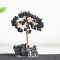 Arbre de fortune fait main avec feuilles en cristal noir et fils dorés sur socle - Branches et Fleurs / Obsidienne