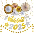 Set decorazioni Capodanno 2025 con striscioni glitter oro argento e ventagli carta - Decorazione di Capodanno Stile 8