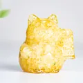 Lucky cat figurine in translucent yellow resin filled with natural citrine crystals - Lemon Yellow