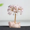 Arbre de fortune en quartz rose avec branches dorées sur socle en cristal brut - Branches et Fleurs / Quartz rose