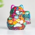 Resin lucky cat ornament filled with colorful natural crystals and lucky carvings - Colorful Shell